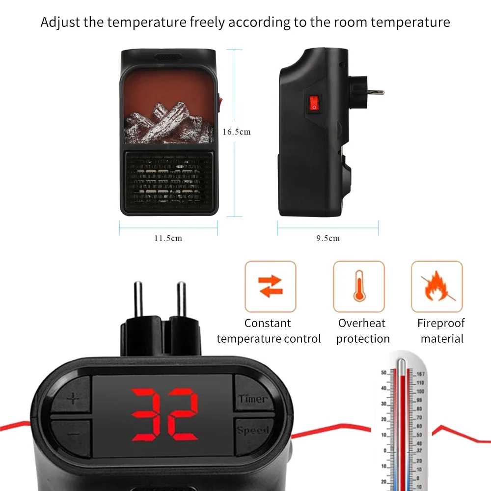 Portable Space Heater Electric Heater Heating for Room 3D Flame Mini Heating Fans Remote Control Wall Mounted Heating 110V/220V