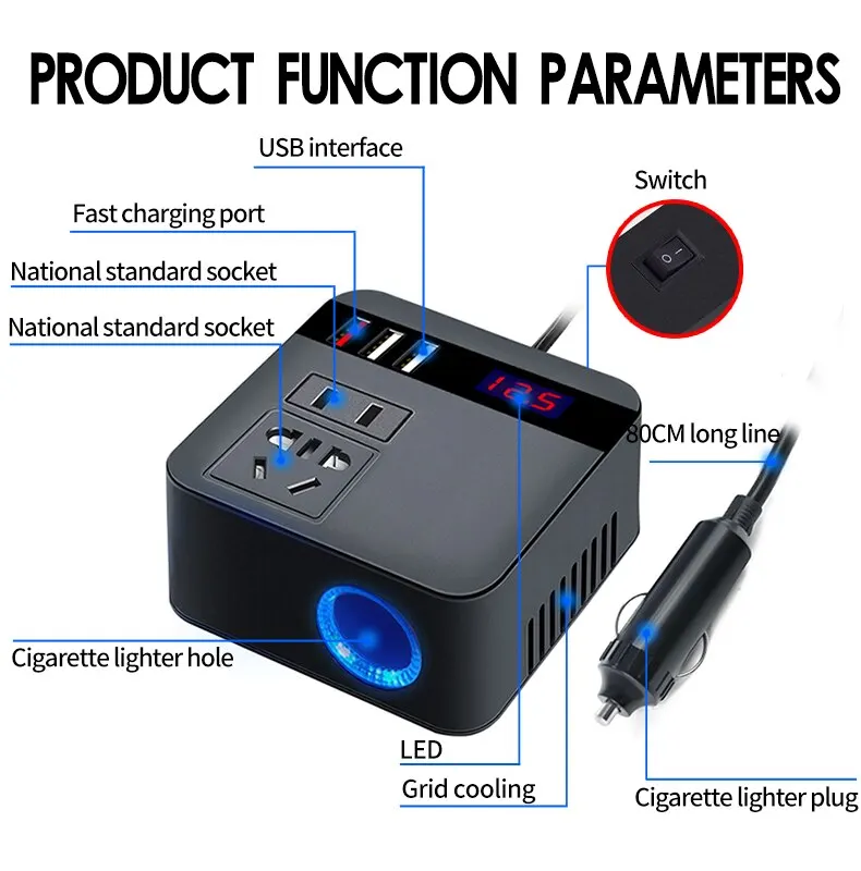 Car Inverter 150W Peak DC12V/24V to 110V/220V LED Display Sockets Power Inverter Adaptor Fast Charging