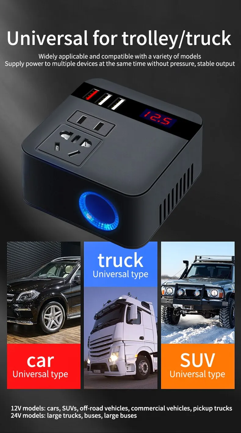 Car Inverter 150W Peak DC12V/24V to 110V/220V LED Display Sockets Power Inverter Adaptor Fast Charging