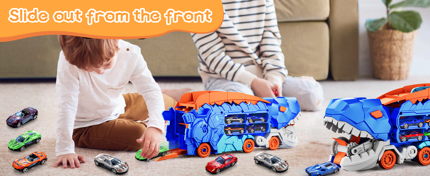 Transport Dinosaur Truck with Foldable Sliding Race Track Transforms into Standing T-rex Best Birthday Gifts Toys Boys Girls