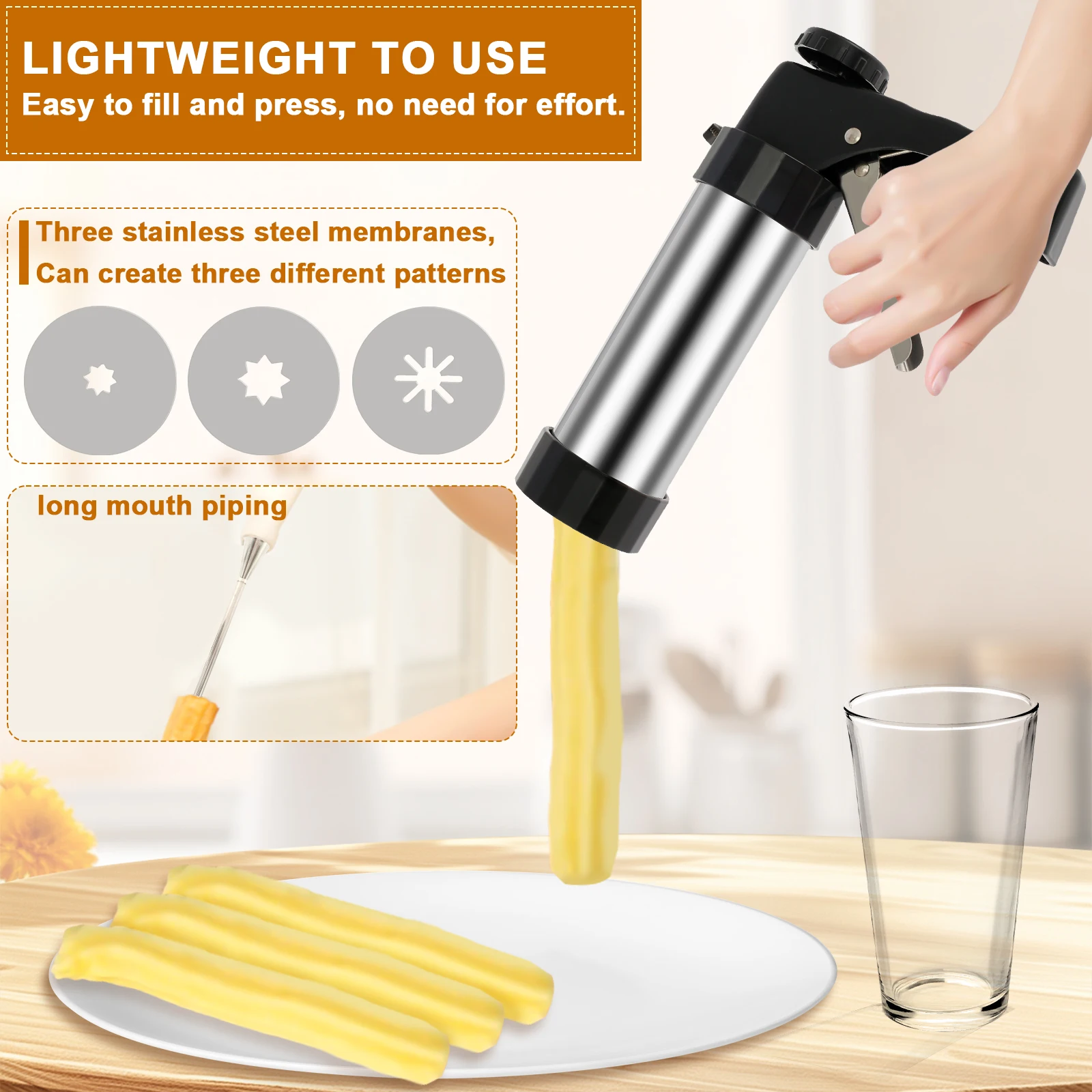 Churrera Churro Maker Machine Stainless Steel Churro Maker Kit with 3 Different Tips Piping Nozzle Hollow Churro Maker Tool