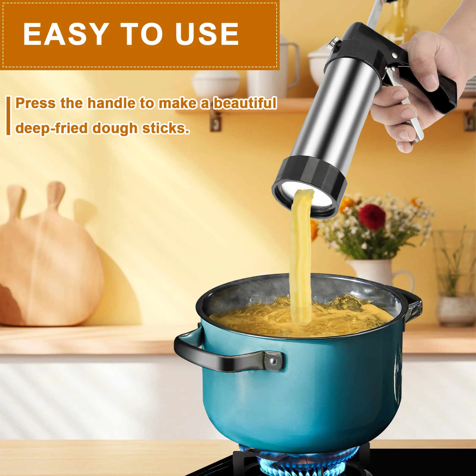 Churrera Churro Maker Machine Stainless Steel Churro Maker Kit with 3 Different Tips Piping Nozzle Hollow Churro Maker Tool