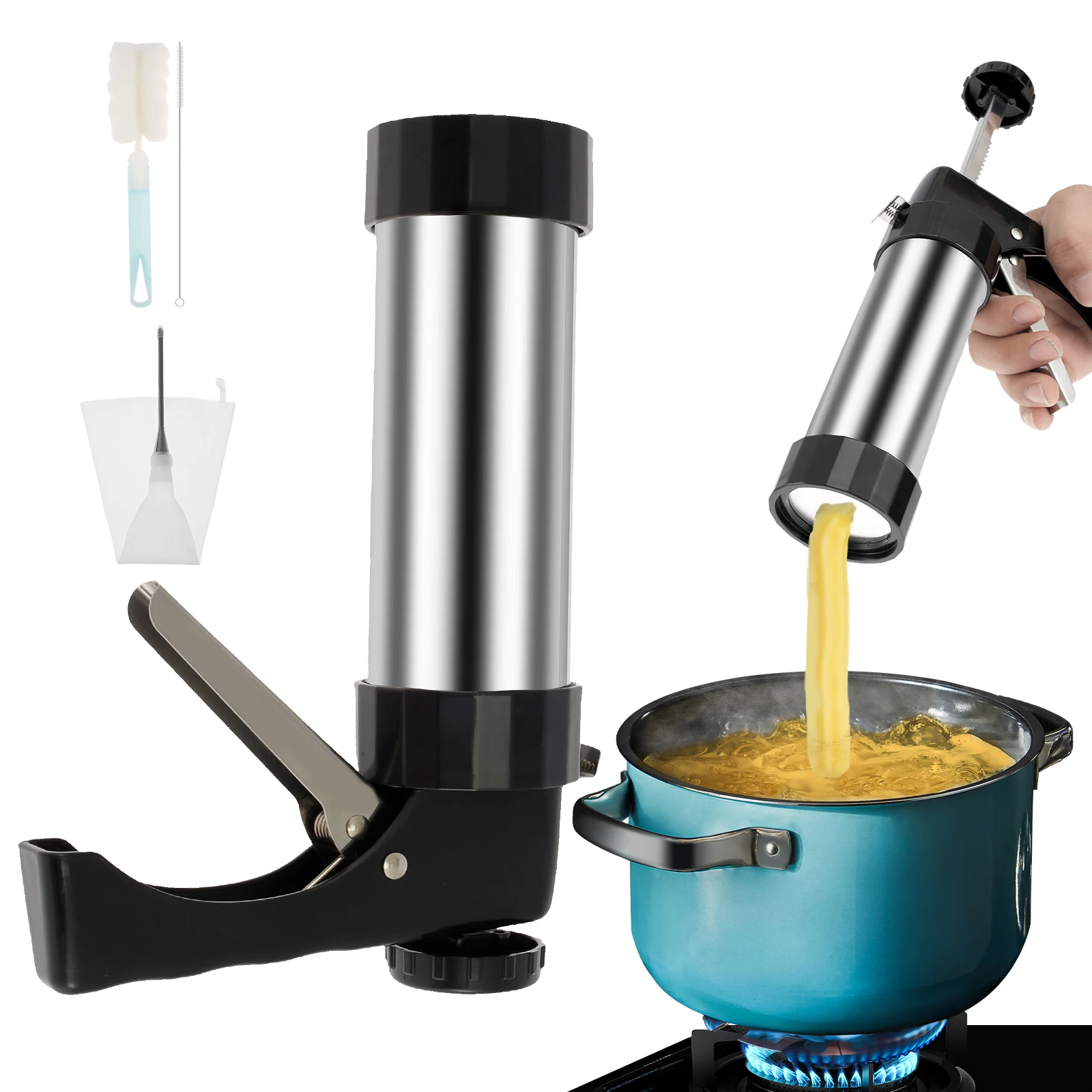 Churrera Churro Maker Machine Stainless Steel Churro Maker Kit with 3 Different Tips Piping Nozzle Hollow Churro Maker Tool
