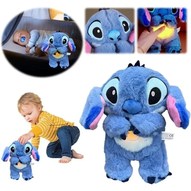 Kawaii Stitch Plush Doll Baby Sleeping Companion Sound Soothing Musical Kawaii With Air Bag and Light Doll Breathing Toys Gifts