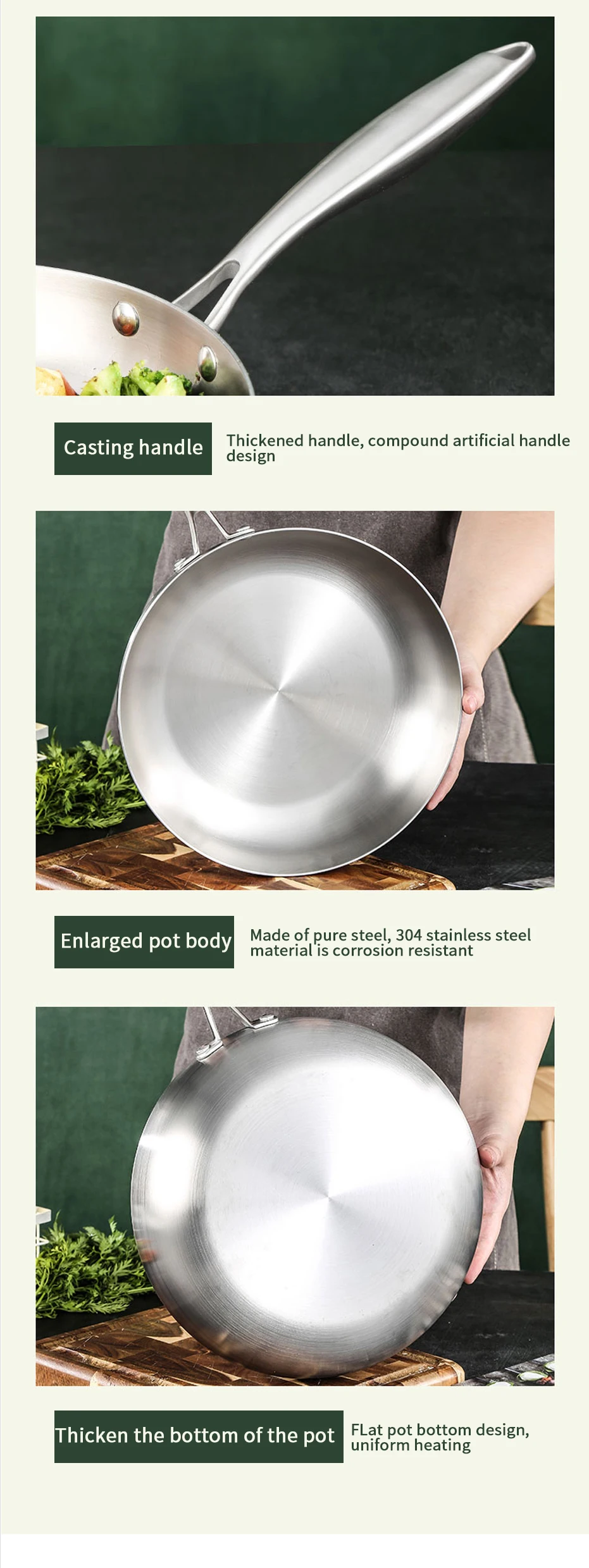 304 Stainless Steel Frying Pan, NonStick Pan Fried Steak Pot Uncoated Kitchen Cookware For Gas Stove and Induction Cooker