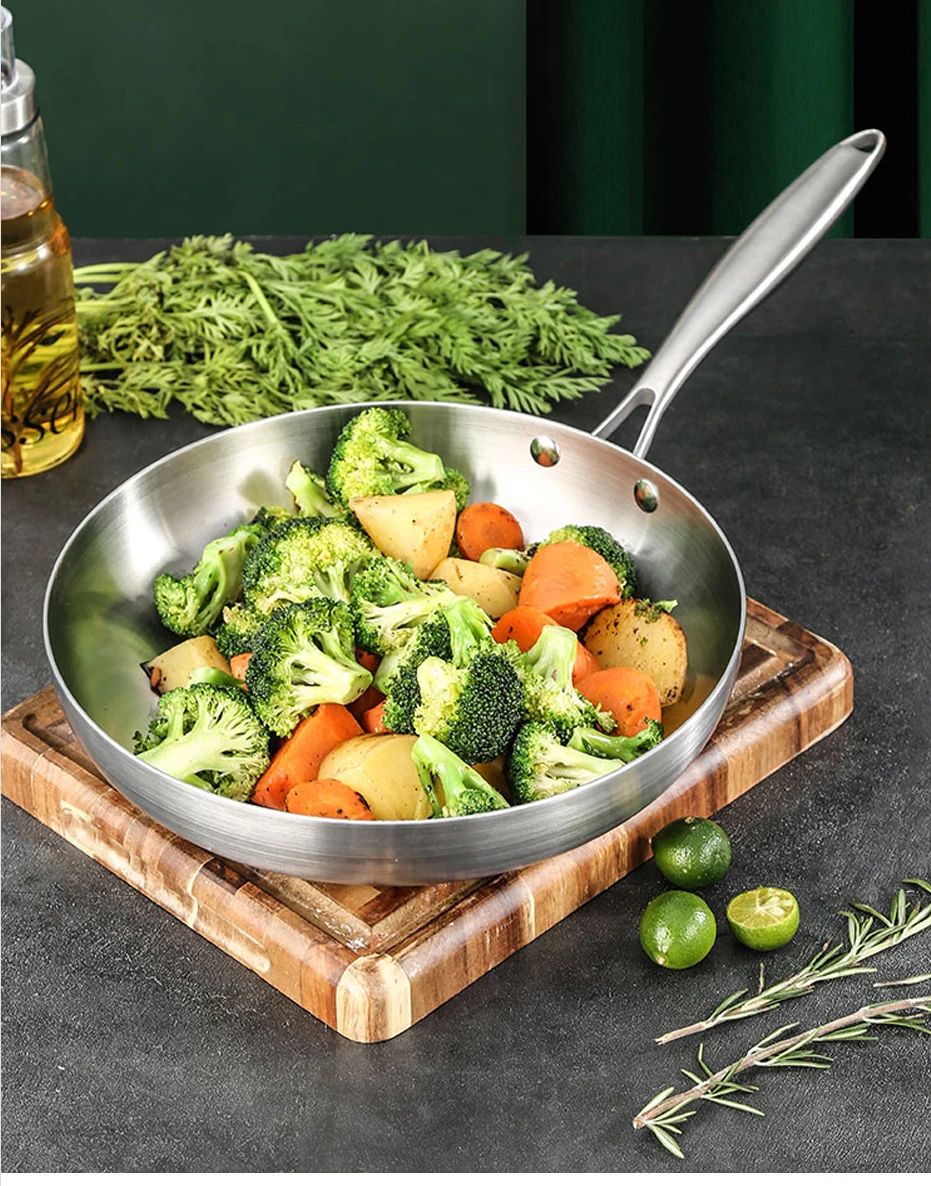 304 Stainless Steel Frying Pan, NonStick Pan Fried Steak Pot Uncoated Kitchen Cookware For Gas Stove and Induction Cooker