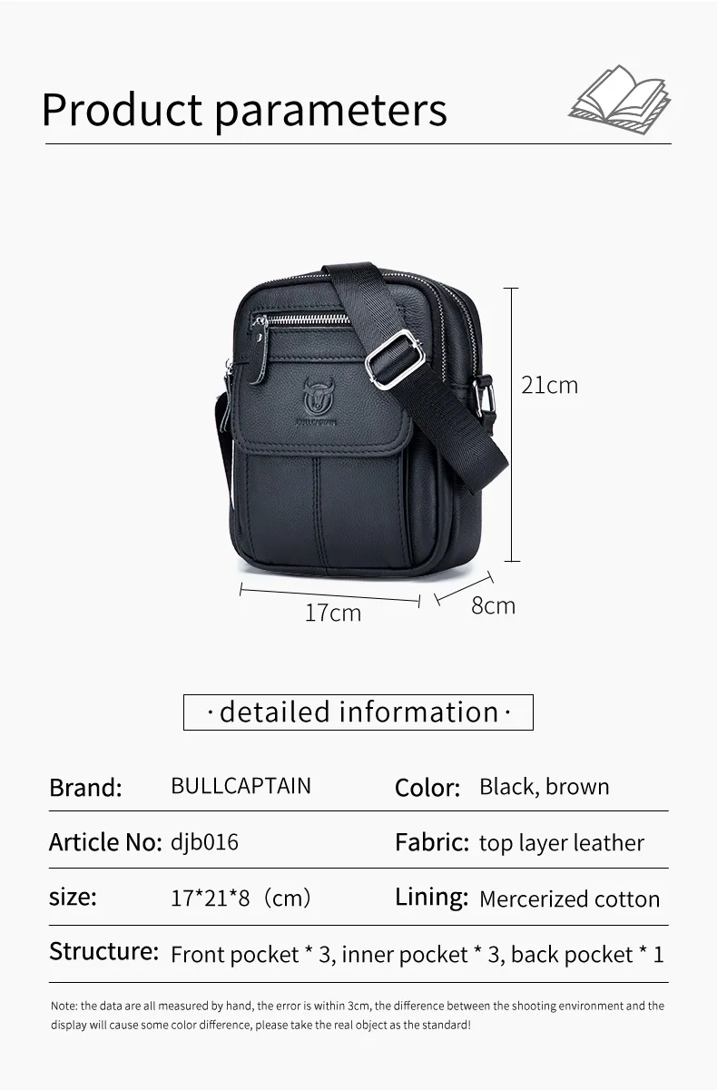 Bullcaptain Casual Men's Shoulder Bags Business Messenger Bag high-Quality Men's Cow Leather Bag's Mini Large Capacity Pocket