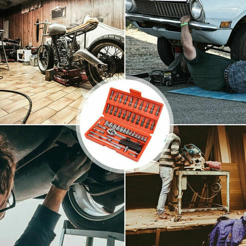 46pcs Socket Wrench Set Professional Mechanical Workshop Tools Kit Motorcycle Ratchet Spanner Multi-functional Car Repair Tool