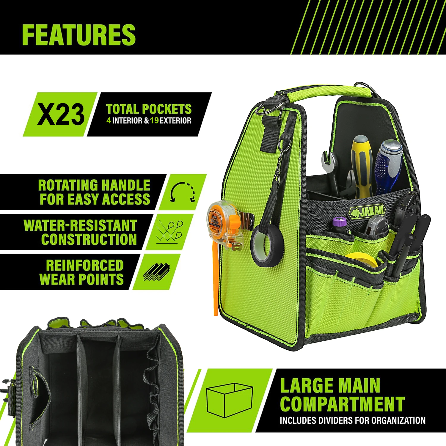 Jakah Open Tool Bag Tool Tote with Adjustable Straps and Waterproof Base Tool Storage Bags for Men HL062