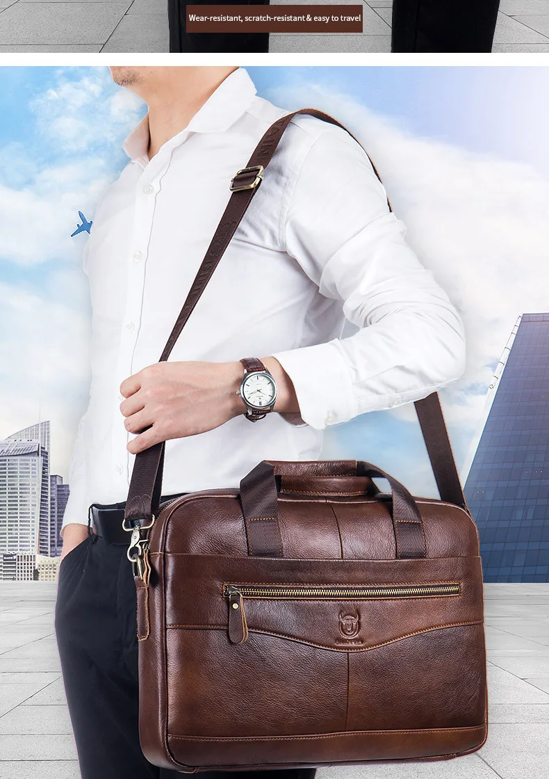BULLCAPTAIN Briefcase Shoulder Messenger Bags Men's Genuine Leather 14-inch Laptop Bag's Men's Briefcase Office Business Handbag