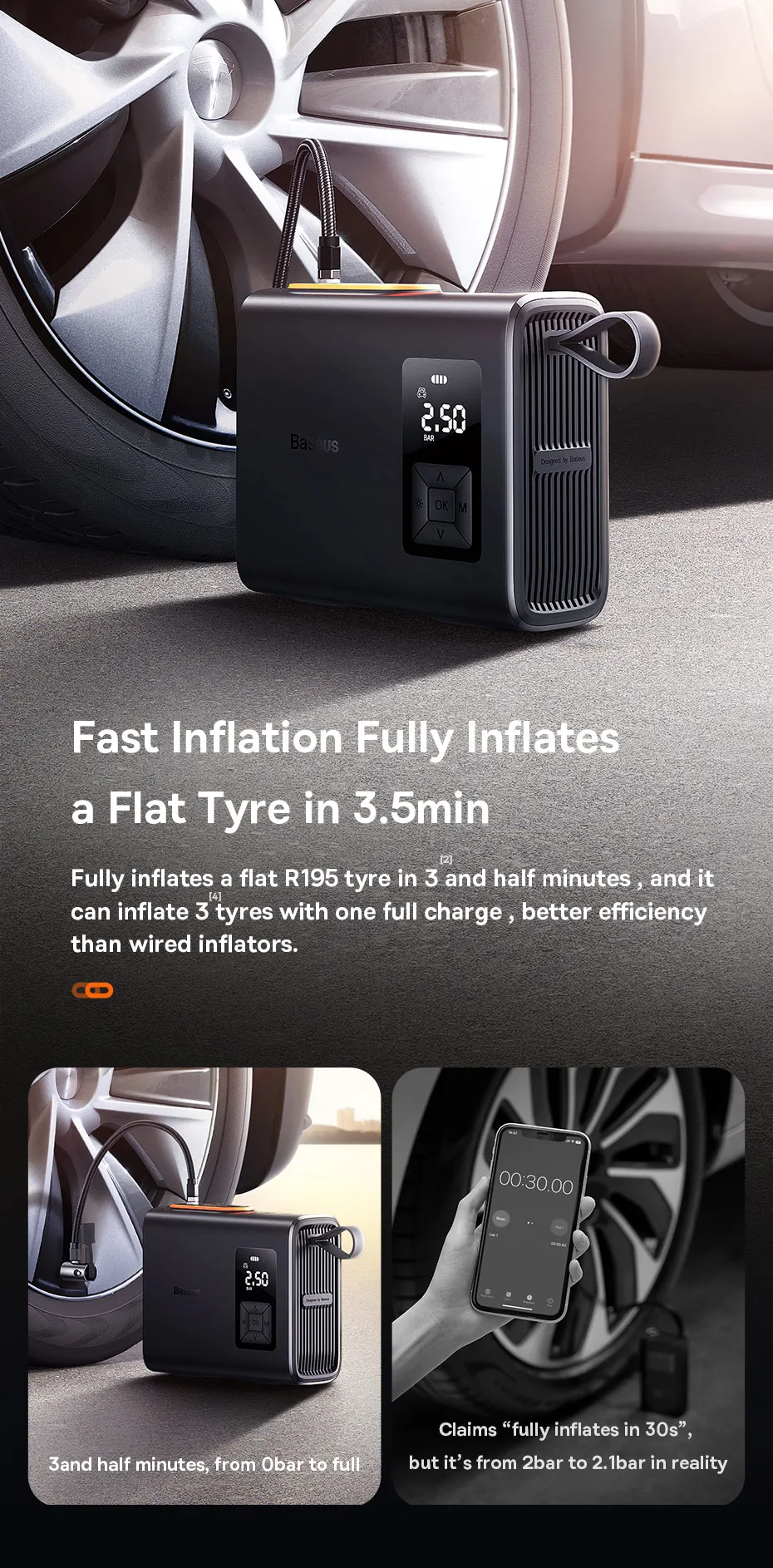 Baseus Dual Cylinder Wireless Air Pump 250W Electric Car Air Compressor Tire Inflator Pump Portable Motorcycle Pump