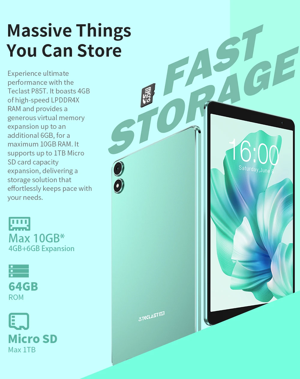 Teclast P85T 2024 Tablet (Allwinner A523 1.8GHz 8-Core/10GB (4GB+6GB)RAM/64GB ROM/8 Inch 1200*800iPS/WiFi 5/BT 5.0/5000mAh