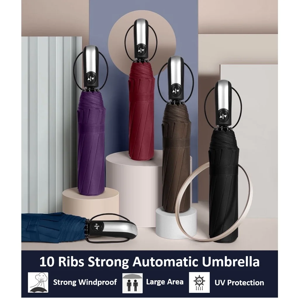 Strong windproof and rainproof new automatic folding business large umbrella household vinyl umbrella ten-bone umbrella