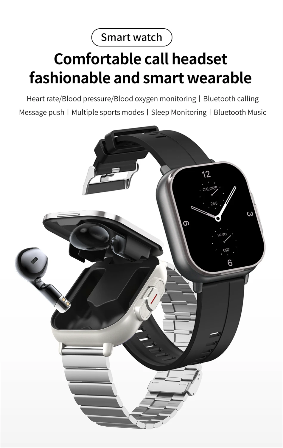 Smart Watch 2 in 1 With Earphone Smartwatch Bluetooth Call Men Watch GPS Track Heart Rate Monitor Play Music SmartWatch