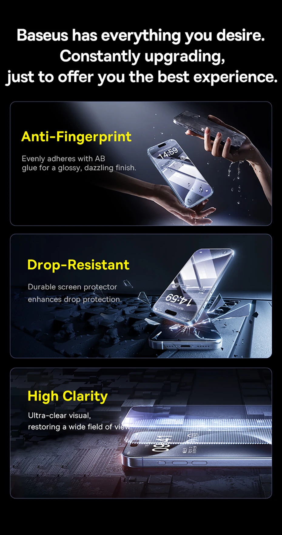 Baseus Tempered Glass for iPhone 16 Pro Max Plus Screen Protector for iPhone 15 14 13 12 11 Pro Max Clear Edge Anti-Peeping Film