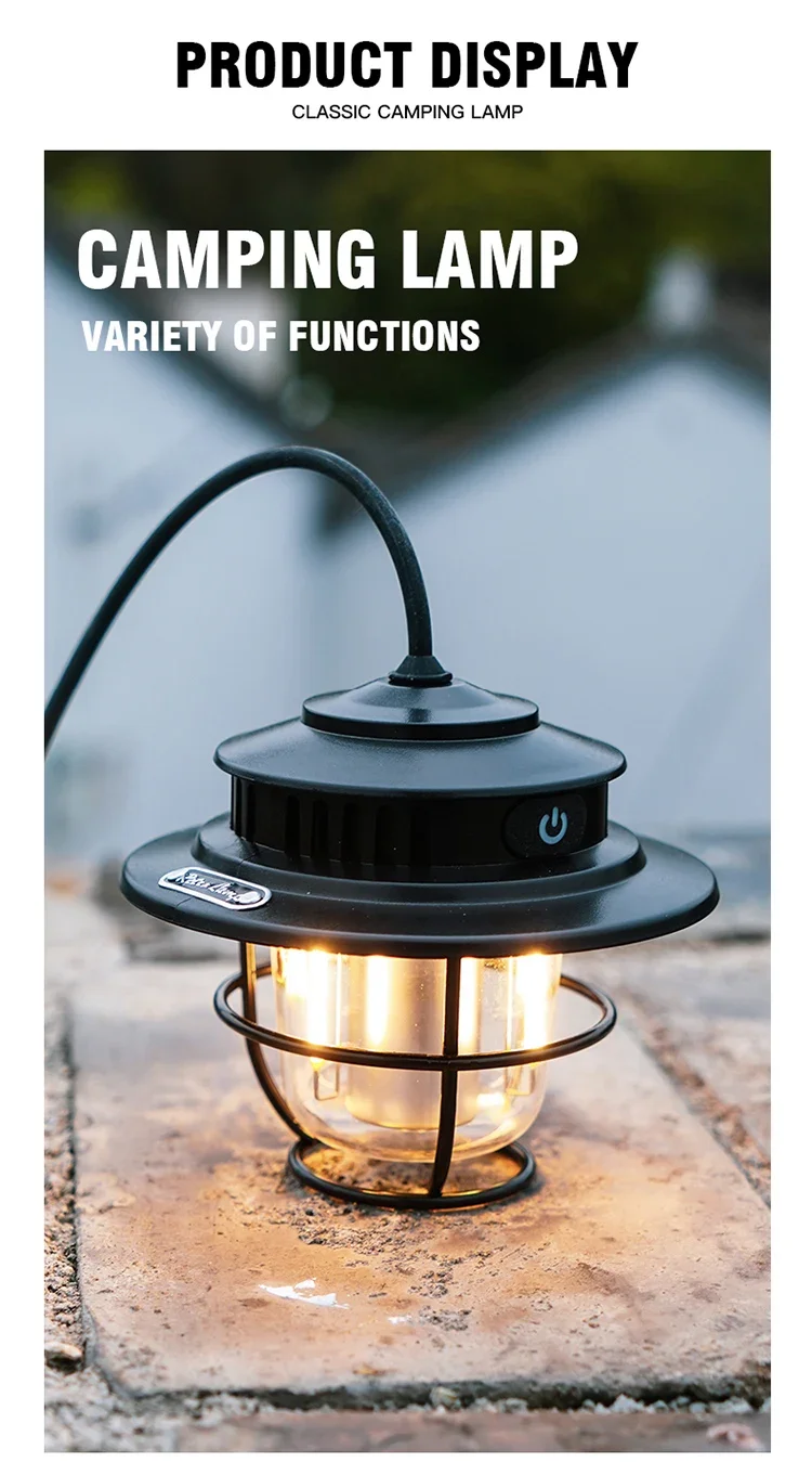 Retro Portable Camping Lantern Waterproof Emergency Light Stepless Dimmable Hanging Tent Lamp for Outdoor Hiking
