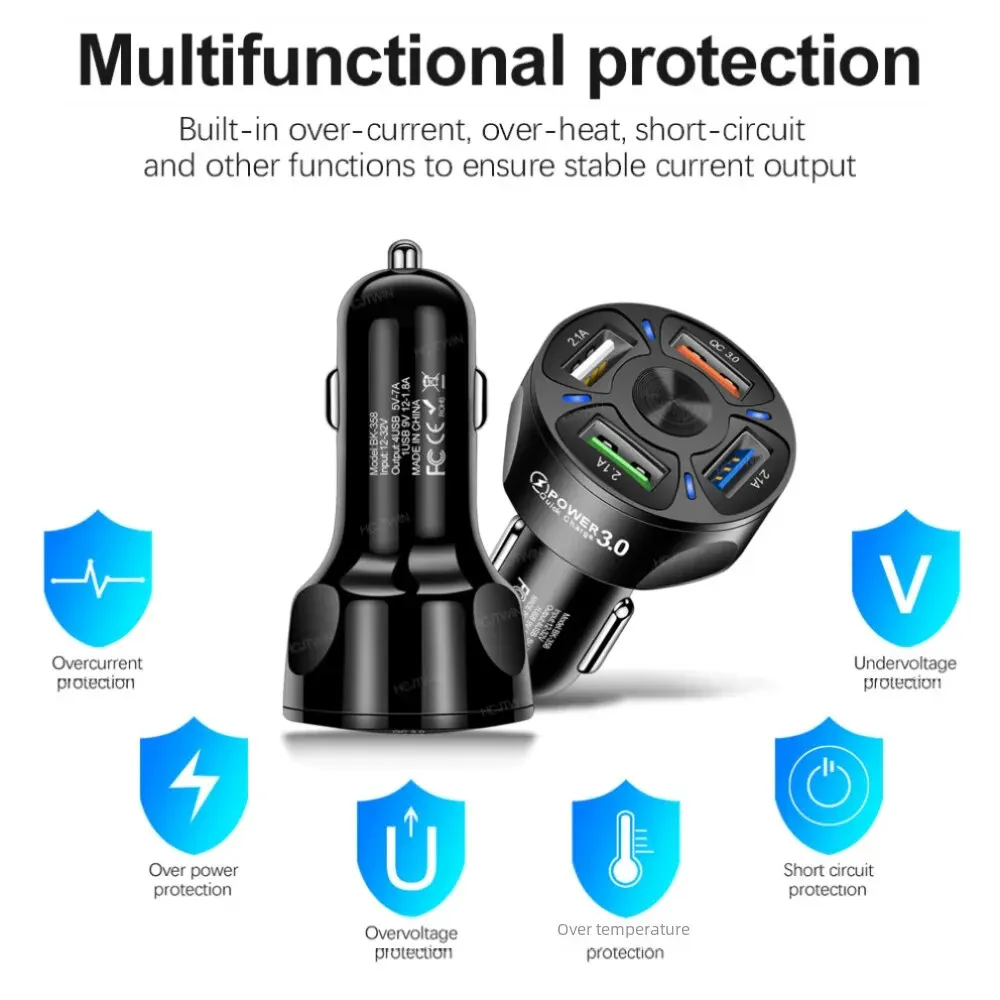 4usb Qc3.0 Fast Charging Car Charger Mobile Phone Charger Wired Charging Pc Flame Resistant Material Car Charge