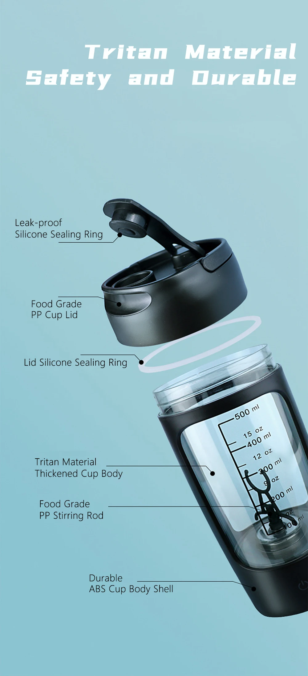 500ML Electric Protein Powder Mixing Cup Automatic Shaker Bottle Mixer Shake Bottle Milk Coffee Blender Kettle fro Gym outdoor