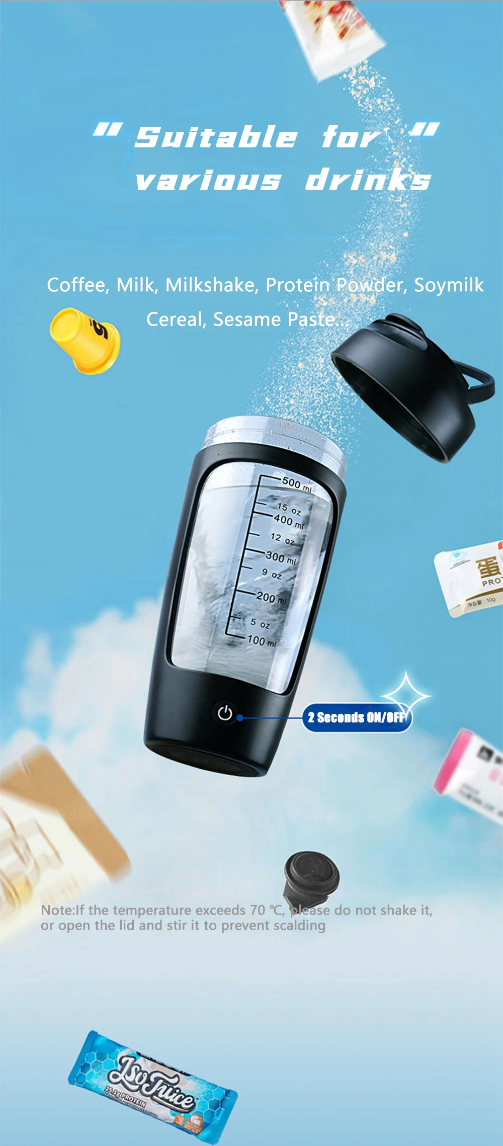 500ML Electric Protein Powder Mixing Cup Automatic Shaker Bottle Mixer Shake Bottle Milk Coffee Blender Kettle fro Gym outdoor