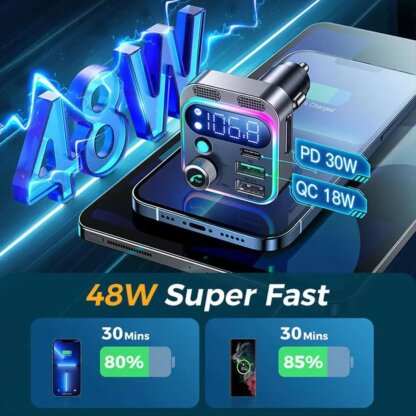 ⁦משדר FM ומקלט בלוטוס משולבים במטען USB לרכב - צג דיגיטלי - כולל מטען מהיר 48W⁩ – תמונה ⁦2⁩