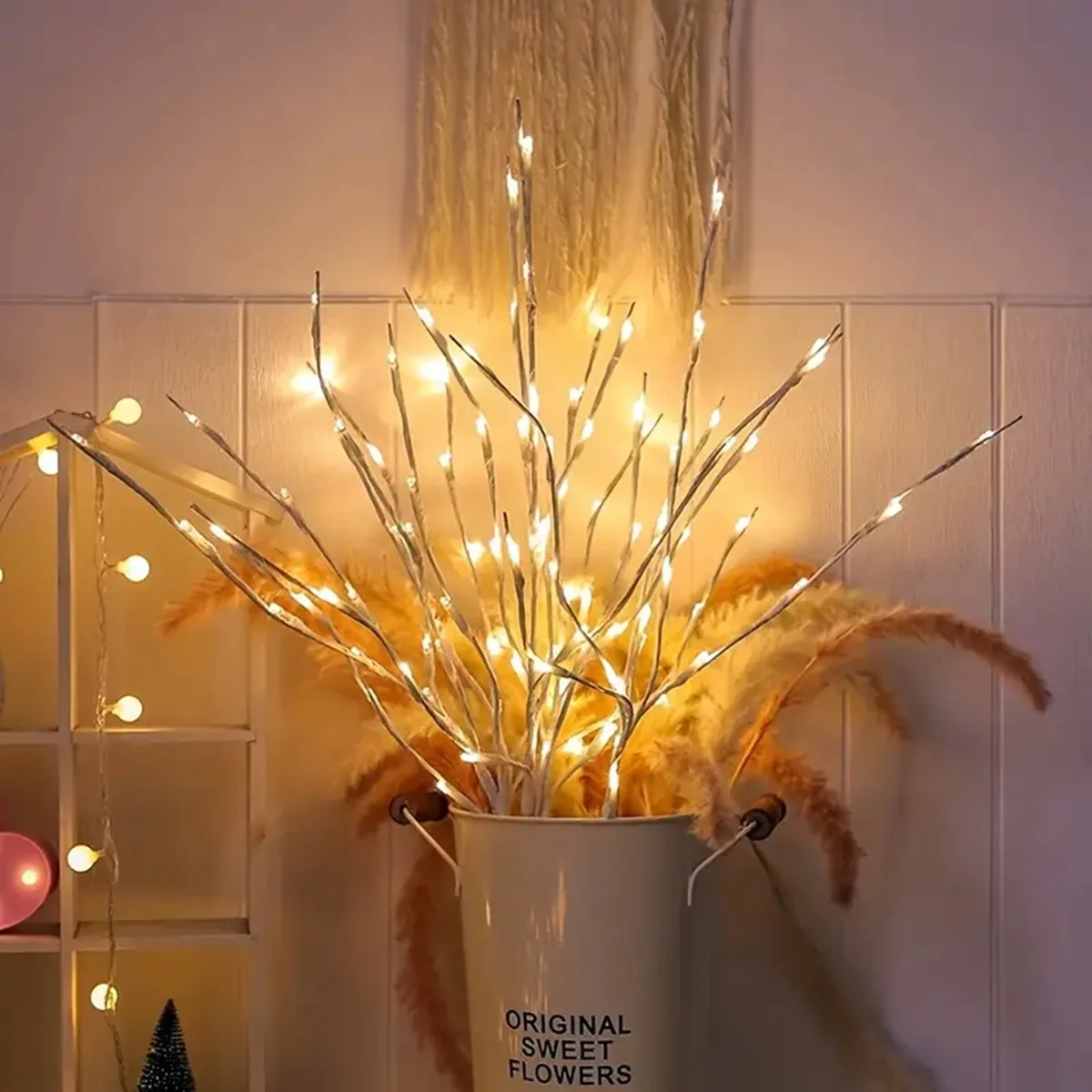 White Birch Branch Lights Battery Operated 20 LED Fairy Lights Willow Branches for Home Bedroom Inside Outdoor Decoration