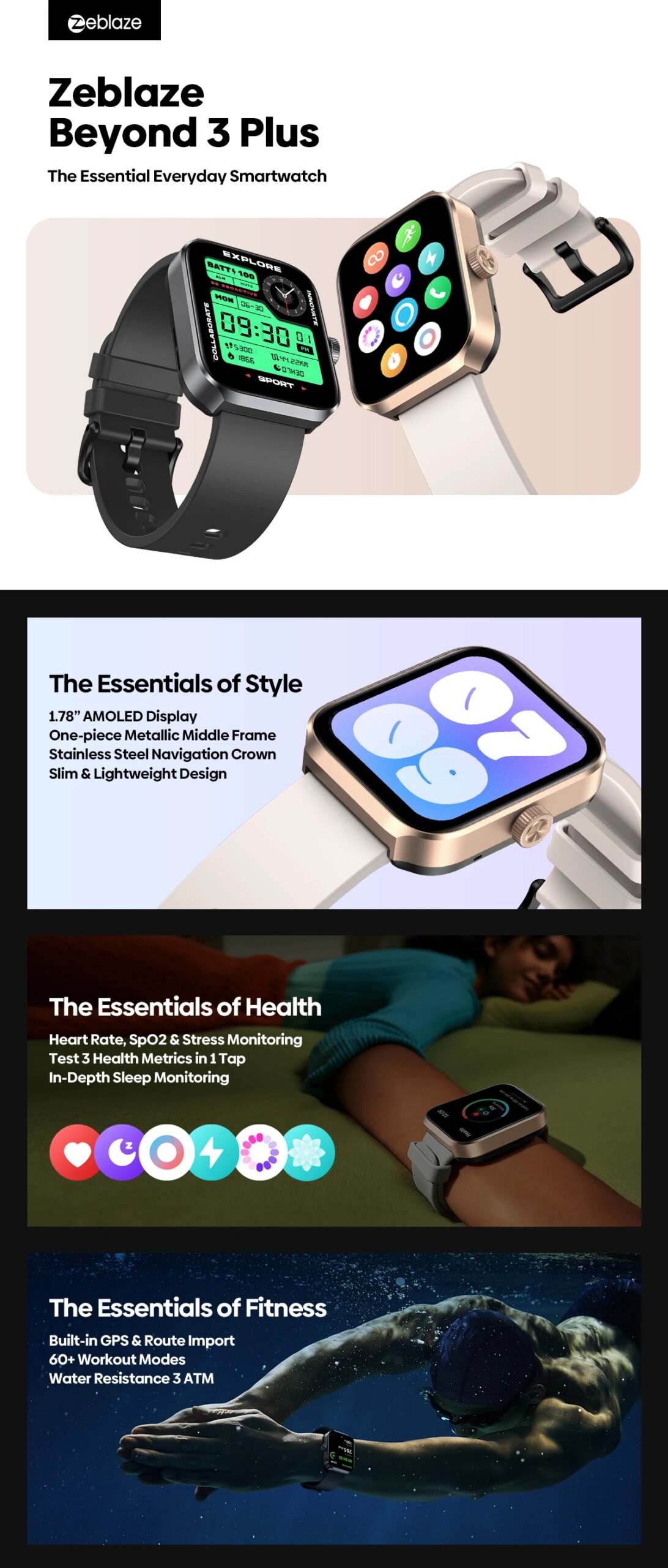 New Zeblaze Beyond 3 Plus GPS Smart Watch 1.78'' AMOLED Display Built-in Amazon Alexa Make/Receive Phone Calls 3ATM Smartwatch