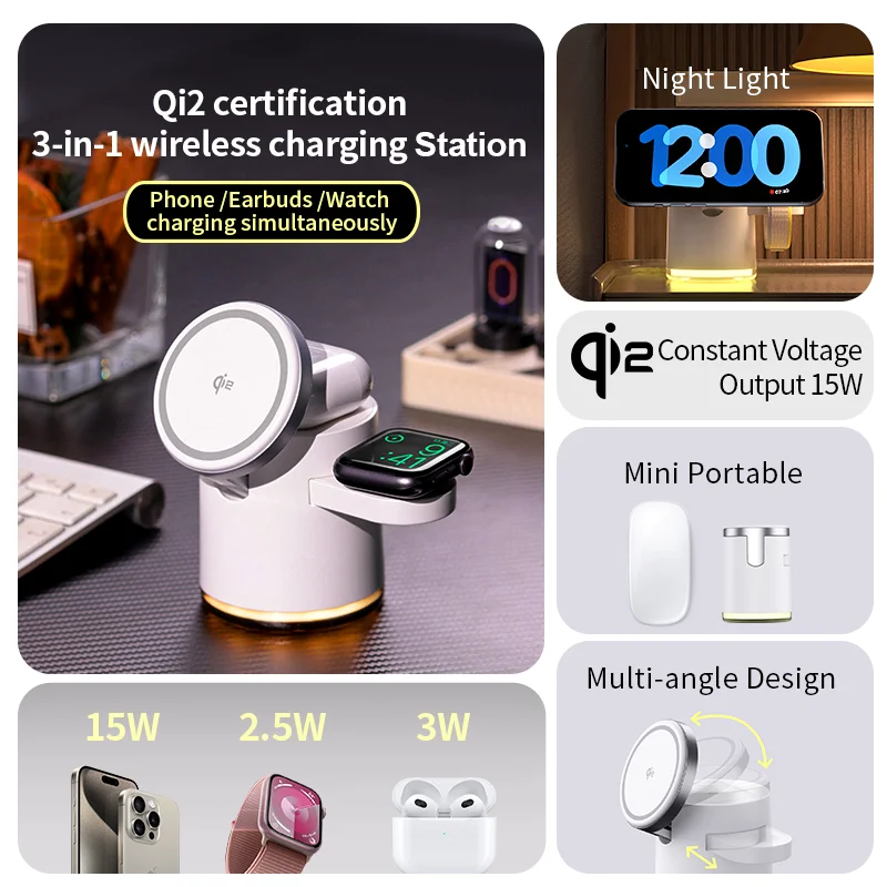 Qi2 Wireless Charger 3-in-1 Fast Charging Station Stand Folding Holder for iPhone 16 15 14 Pro Max Airpods Apple Watch